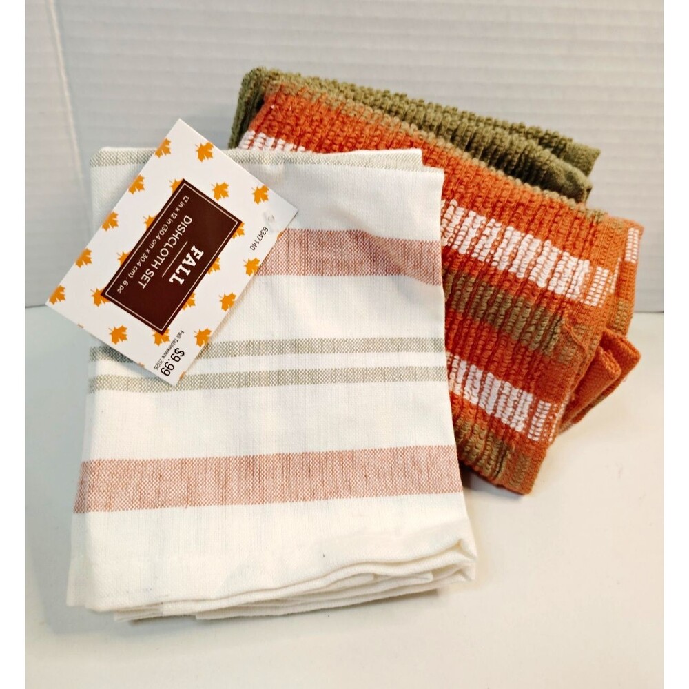 Set of 6 Cotton Striped Fall Farmhouse Dishcloths Orange Green White Beige